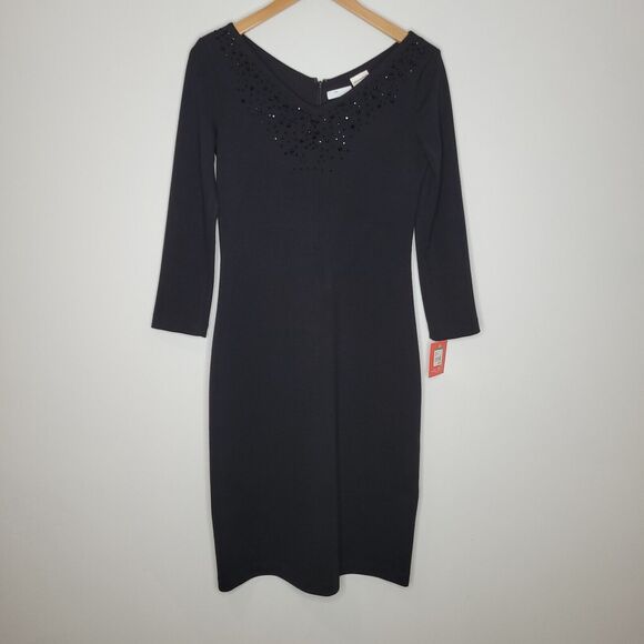 Isaac Mizrahi Womens Midi Dress Jeweled Neckline Stretch Knit Black 4 - Picture 1 of 16